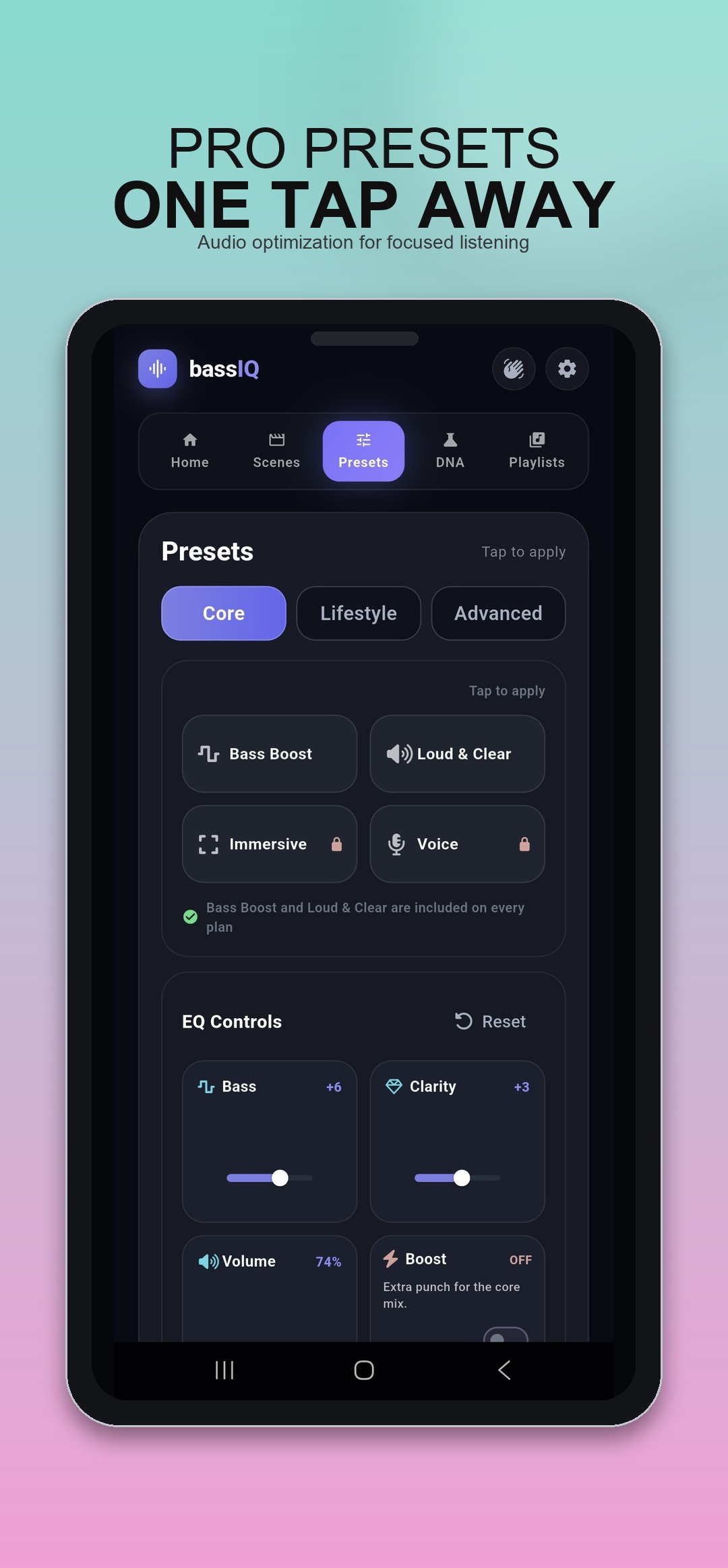 bassIQ presets screen showing Core presets: Bass Boost, Loud and Clear, Immersive, Voice, and EQ controls